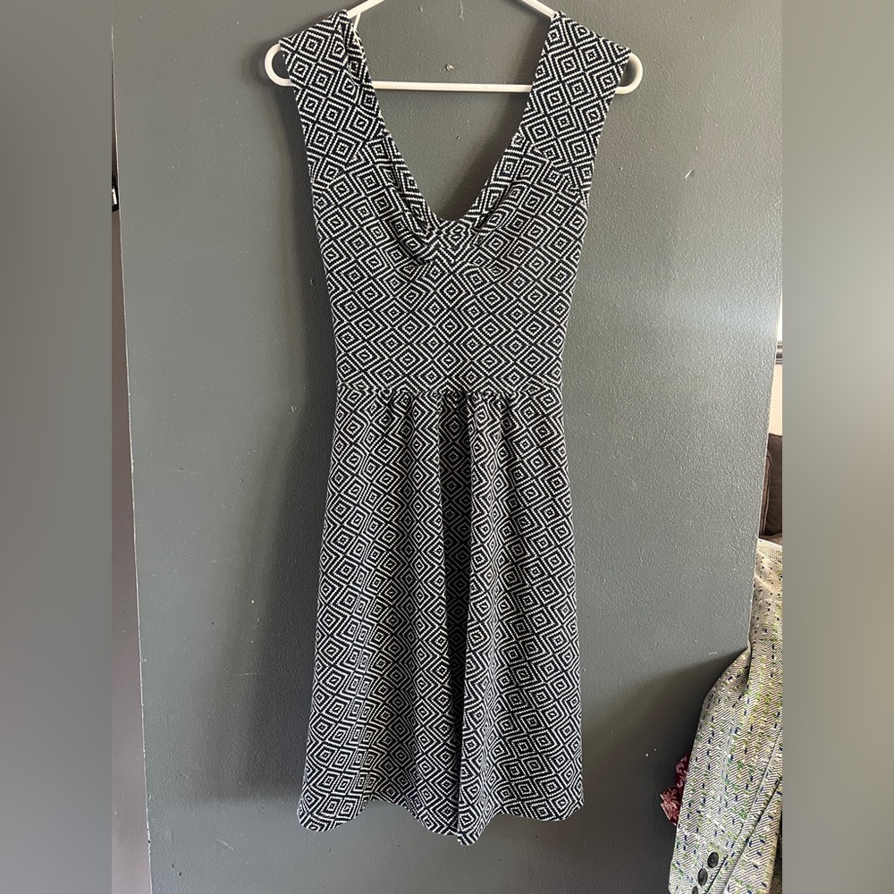 Anthropologie Postmark Matilde blue and white diamond print dress.